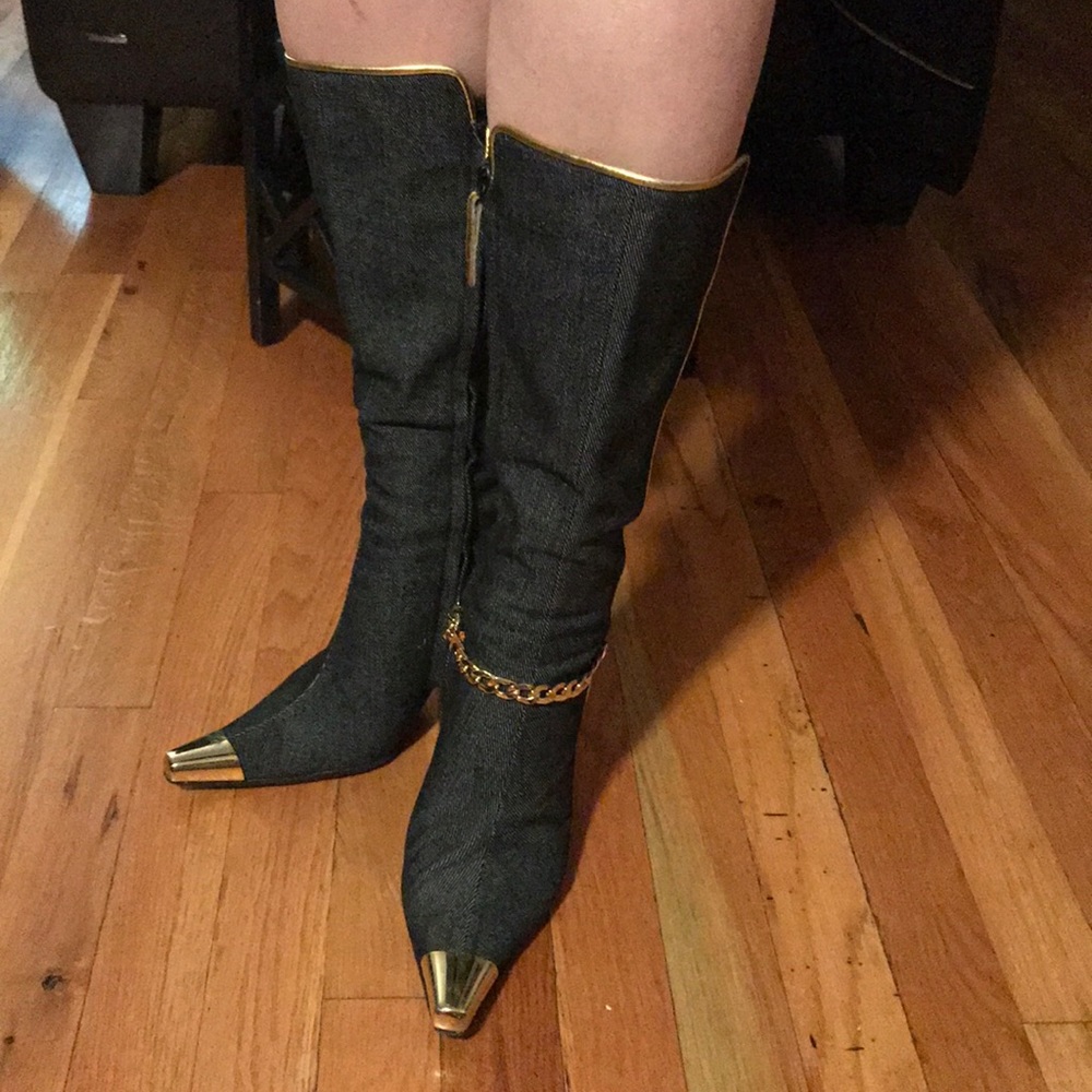 DARK DENIM ZIP BOOTS W/  5" GOLD HEEL